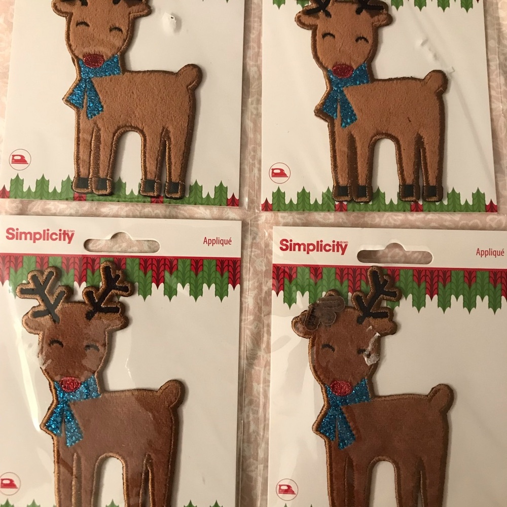 Simplicity Brown Reindeer Appliqués with Blue Scarves and Red Noses jean iron on